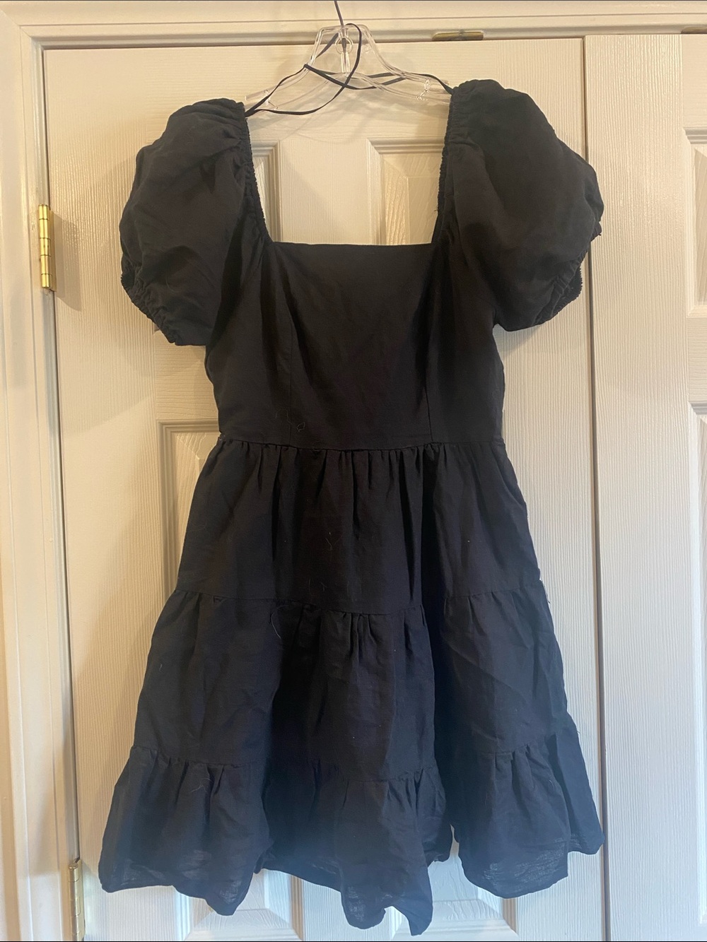 Chelsea & Violet Black Square Neck Open Back Puff Sleeve Linen Tiered Dress